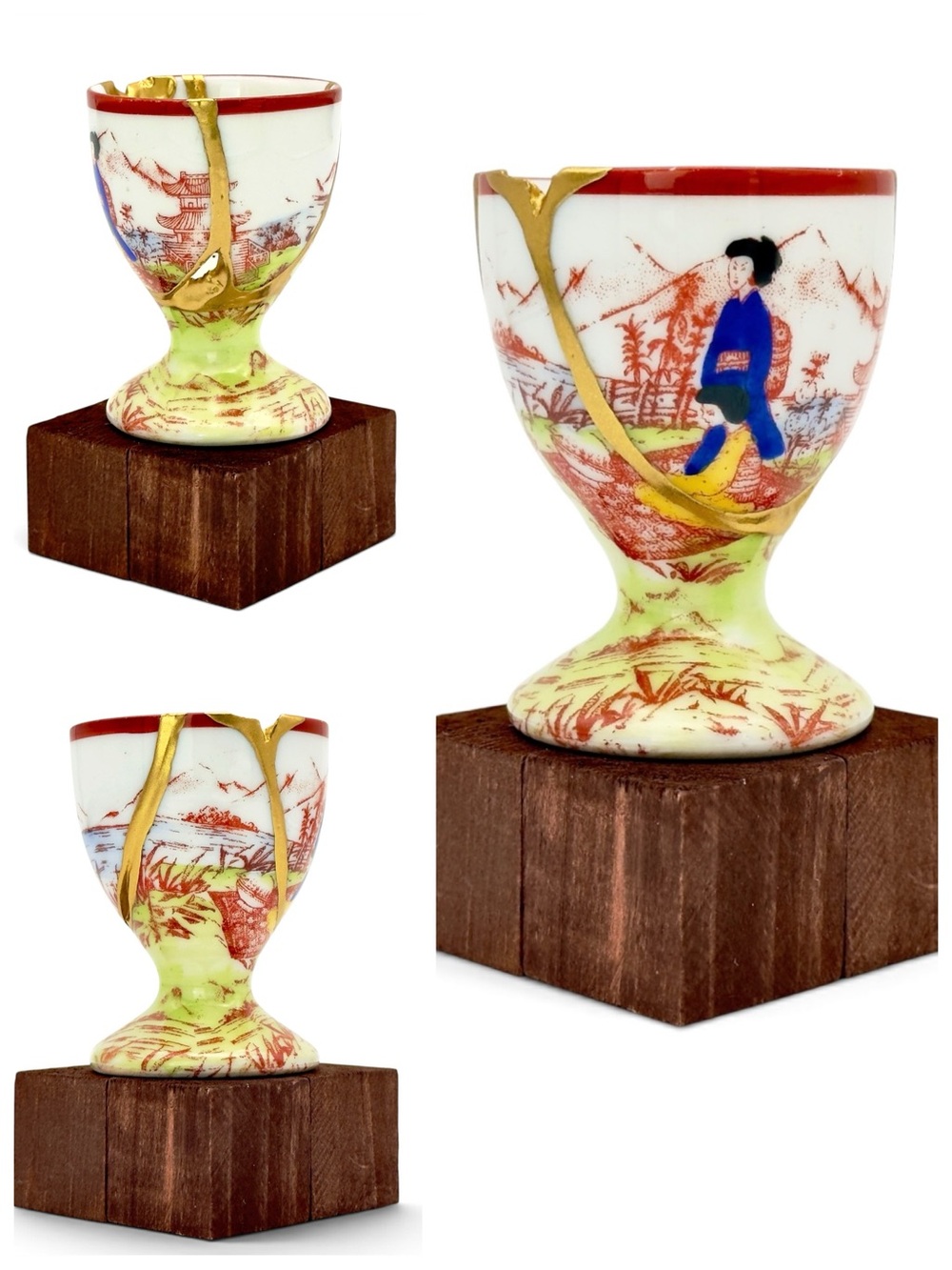 Kintsugi Cup Japanese Porcelain Geisha Landscape Gold Crack Art Growth Gift